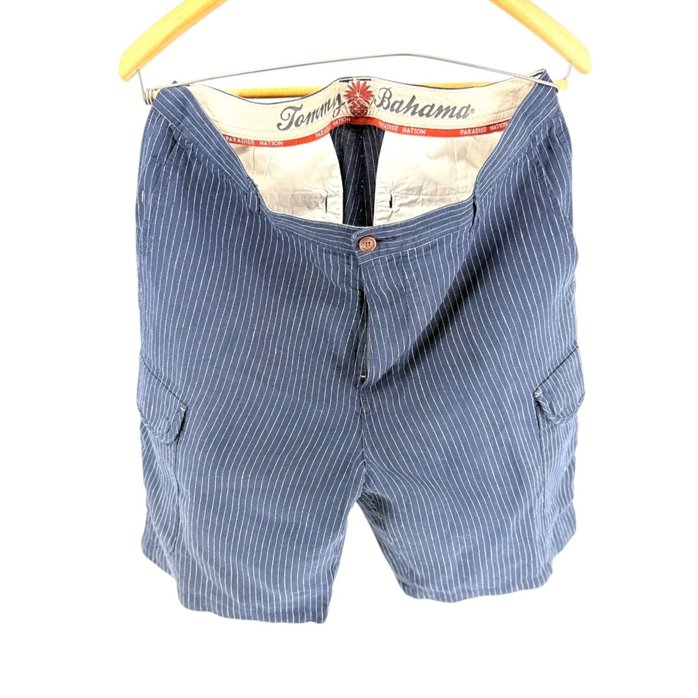 Tommy Bahama Linen Cargo Shorts Mens 34 Navy Pinstripe Paradise Nation Resort